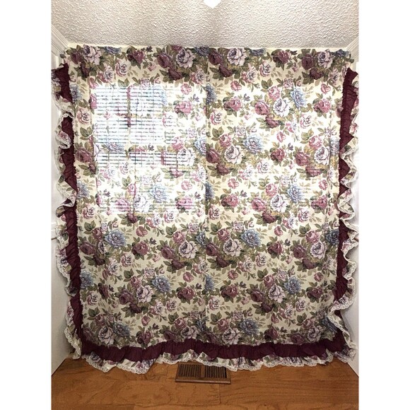 VTG Rose Ruffled Curtain Panels Romantic Victorian w/ Lace JC Penny Cottage Chic - Picture 2 of 11